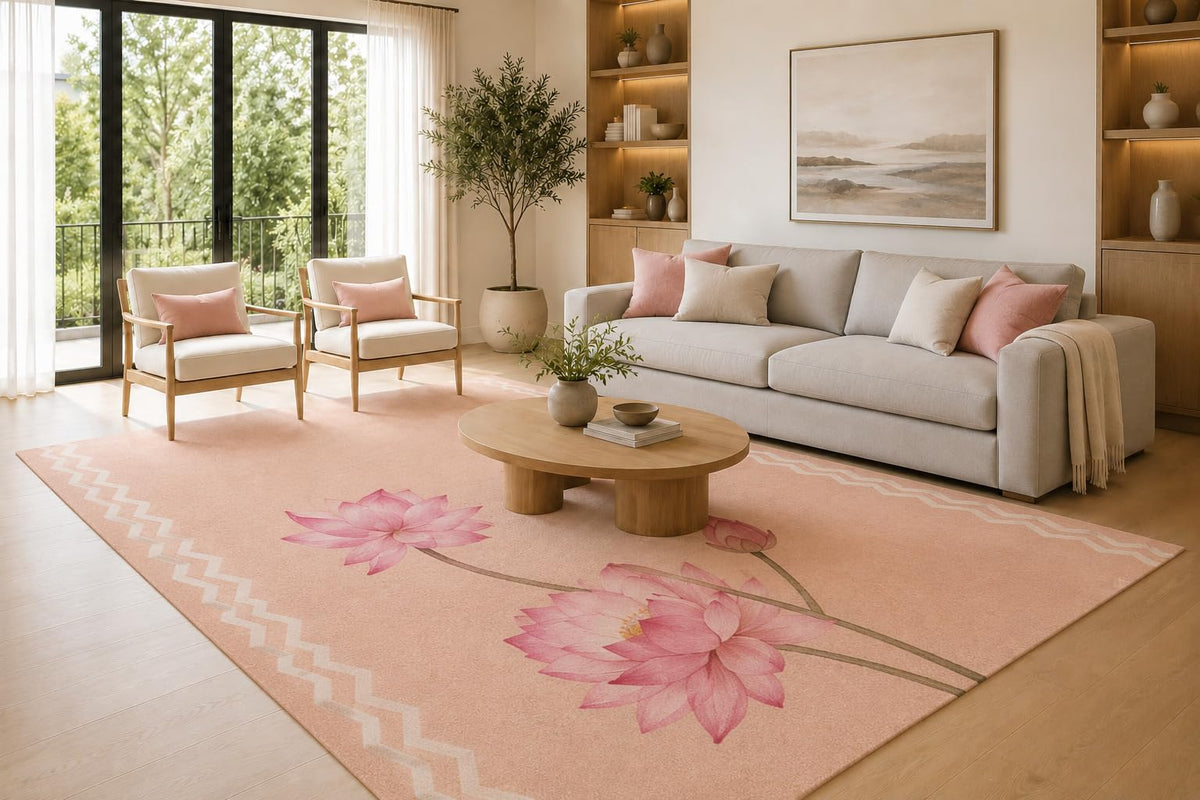 ICE ARMOR Large 6'7" x 9'10" Peach and Pink Oversized Lotus Flower Area Rug for Living Room, Soft Low Pile Carpet with Non-Slip Silicone Backing, Decor for Bedroom and Dining Area