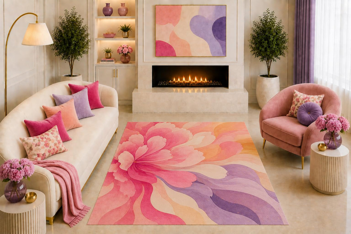 ICE ARMOR "Ultra Light Weight 5' x 7' Pink Floral Bloom Area Rug Abstract Flower Petal Art Peach Lavender for Living Room Bedroom Girls Room Nursery Non-Slip Silicone Backing Low Pile