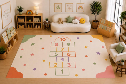 ICE ARMOR Large 6'7" x 9'10" Number Hopscotch Learning Area Rug for Kids Room, Classroom, Bedroom, Playroom Decor, Soft Low Pile Indoor Rug with Non-Slip Silicone Backing, Cream Multicolor