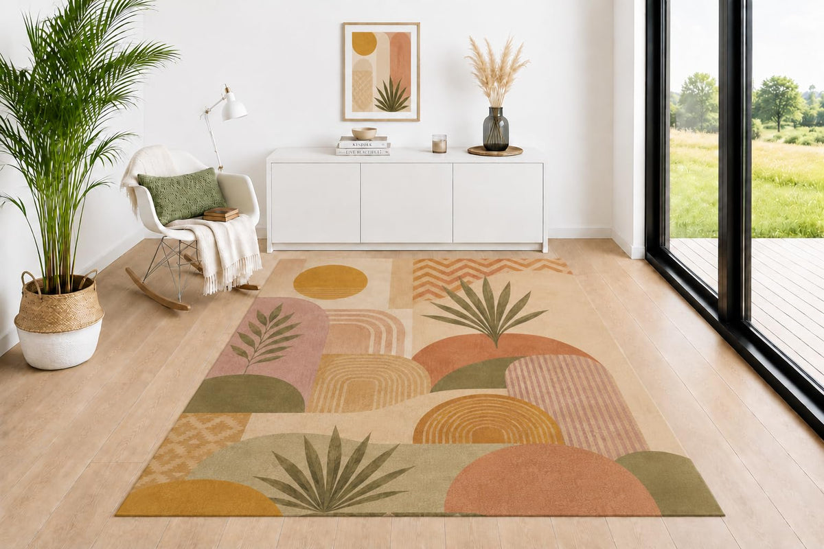 ICE ARMOR 5' x 7' Geometric Area Rug, Arch Leaf Pattern with Woven Accents in Sage Green Mustard Terracotta Beige, Neutral Floor Carpet for Living Room Bedroom Decor