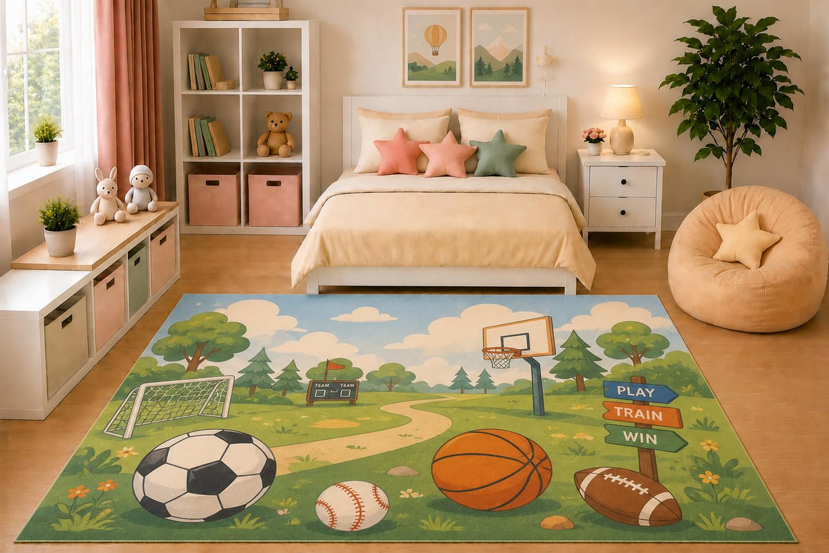 ICE ARMOR 5' x 7' Kids Area Rug Outdoor Sports Adventure Rug Cartoon Landscape Soccer Basketball Football Baseball Bedroom Playroom Decor Non-Slip Silicone Backing Low Pile