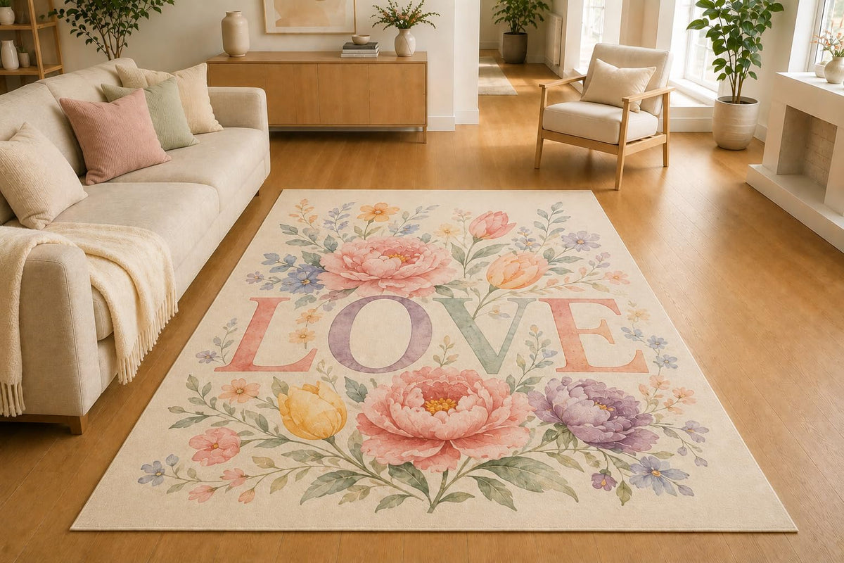 ICE ARMOR 5' x 7' Peony Blossom Love Area Rug, Soft Low Pile Indoor Rug with Non-Slip Silicone Backing for Living Room, Bedroom, Dining Room, Family Room, Cream Pink Purple