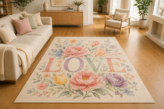 ICE ARMOR 5' x 7' Peony Blossom Love Area Rug, Soft Low Pile Indoor Rug with Non-Slip Silicone Backing for Living Room, Bedroom, Dining Room, Family Room, Cream Pink Purple