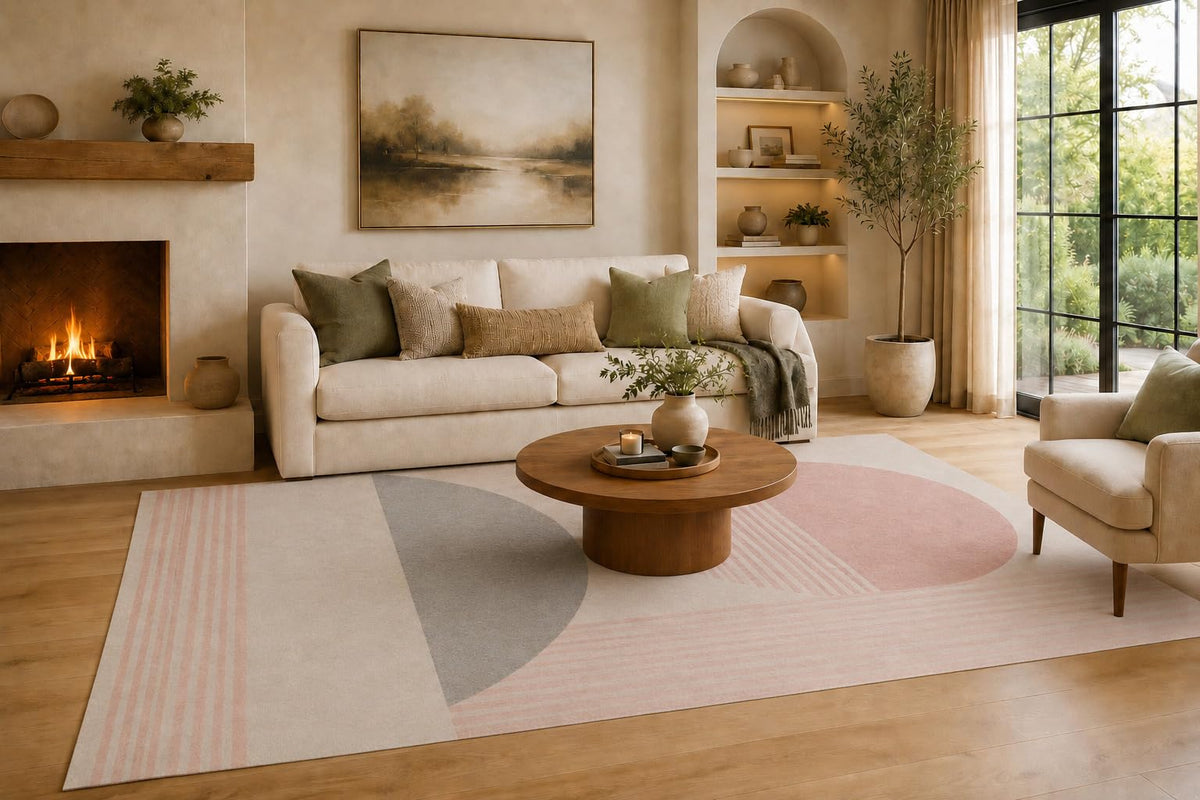 ICE ARMOR Large 6'7" x 9'10" Blush Pink and Gray Rounded Stripe Blocks Area Rug for Living Room, Soft Low Pile Carpet with Non-Slip Silicone Backing, Decor for Bedroom, Dining Area and Home Office