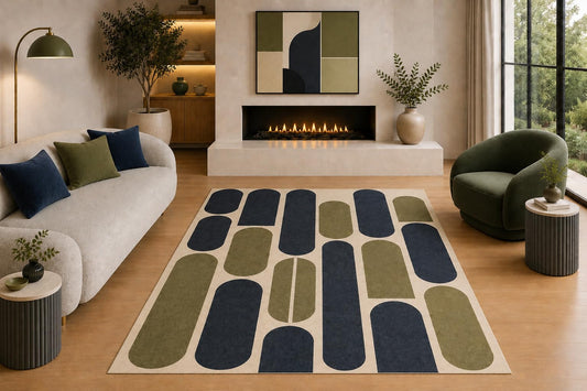 ICE ARMOR "Ultra Light Weight 5' x 7' Mid Century Modern Area Rug Olive Green Navy Cream Rounded Block Geometric Design for Living Room Bedroom Dining Room Office Non-Slip Silicone Backing Low Pile