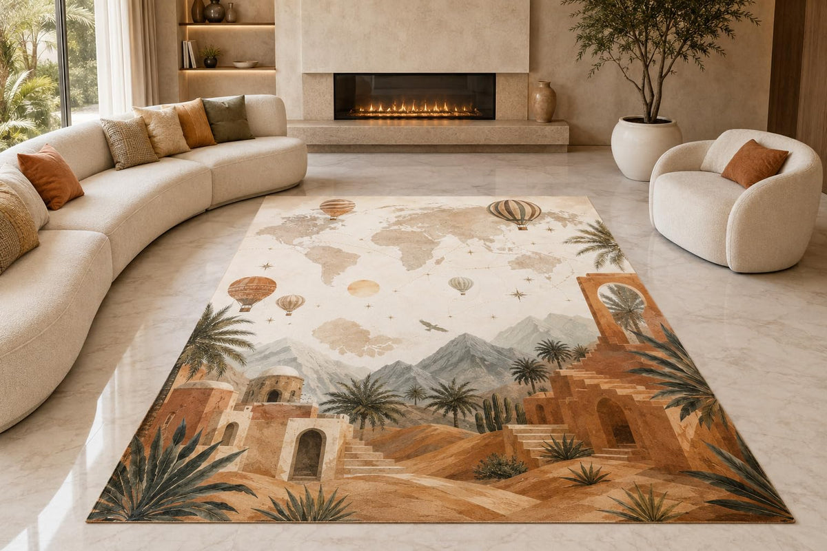 ICE ARMOR "Ultra Lightweight Large 6'7" x 9'10" Desert Journey Area Rug for Living Room, Bedroom and Home Office, Soft Low Pile Carpet with Non-Slip Silicone Backing, Beige and Terracotta
