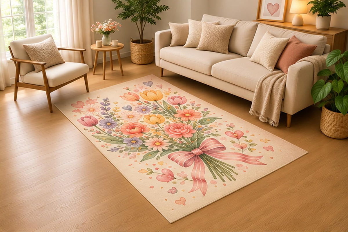 ICE ARMOR 5' x 7' Watercolor Flower Bouquet Area Rug, Soft Low Pile Indoor Rug with Non-Slip Silicone Backing for Living Room, Bedroom, Nursery, Kids Room, Kids & Pets, Pink Peach Green