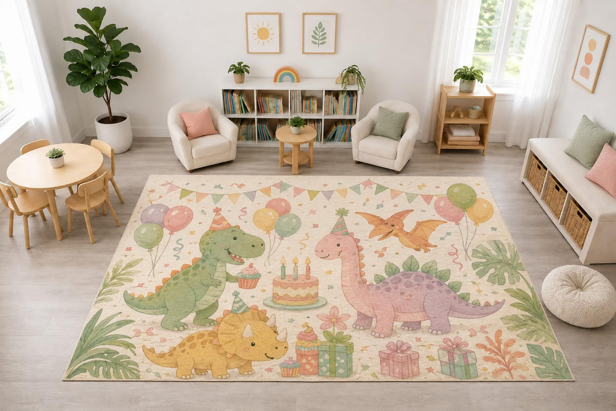 ICE ARMOR "Ultra Light Weight Large 6'7" x 9'10" Dinosaur Birthday Party Rug, Soft Low Pile Indoor Rug, Non-Slip Silicone Backing Nursery Kids Cream