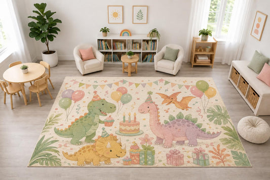 ICE ARMOR "Ultra Light Weight Large 6'7" x 9'10" Dinosaur Birthday Party Rug, Soft Low Pile Indoor Rug, Non-Slip Silicone Backing Nursery Kids Cream