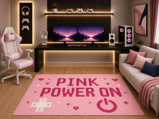 ICE ARMOR "Ultra Light Weight 5' x 7' Pink Power On Gaming Area Rug Pixel Art Gamer Design for Girls Teen Bedroom Gaming Room Playroom Non-Slip Silicone Backing Low Pile