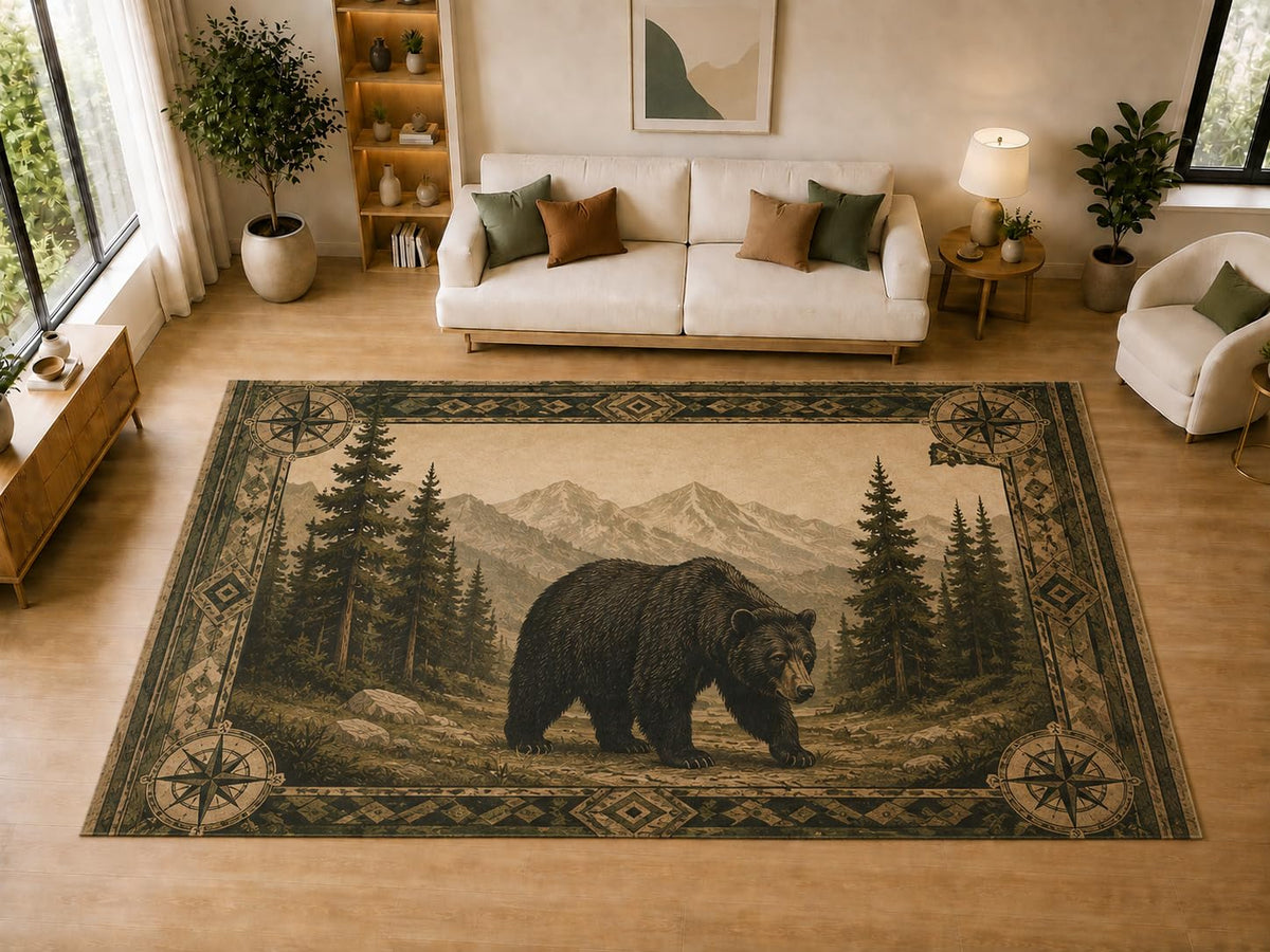 ICE ARMOR "Ultra Light Weight Large 6'7" x 9'10" Bear Forest Compass, Living Room, Bedroom, Dining Room, Office, Family Room, Soft Low Pile Indoor Rug, Non-Slip Silicone Backing, Brown
