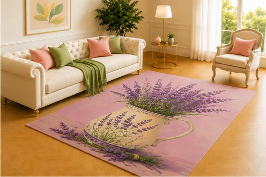 ICE ARMOR 5' x 7' Lavender Pitcher Rug, Purple Sprigs in a Cream Floral Jug on Mauve, Calm Cottage Decor for Bedroom, Living Room, Reading Area or Guest Suite