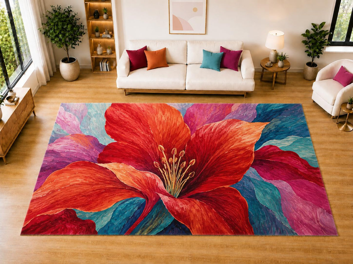 ICE ARMOR "Ultra Light Weight Large 6'7" x 9'10" Red Lily Area Rug for Living Room Bedroom Dining Room, Soft Low Pile Non-Slip Backing, Red Orange Teal Purple Botanical Decor