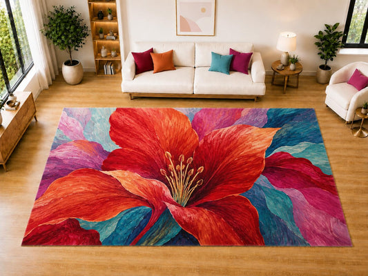 ICE ARMOR "Ultra Light Weight Large 6'7" x 9'10" Red Lily Area Rug for Living Room Bedroom Dining Room, Soft Low Pile Non-Slip Backing, Red Orange Teal Purple Botanical Decor