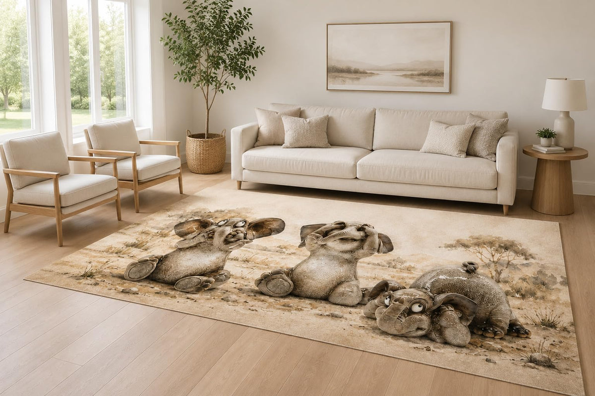 ICE ARMOR Large 6'7" x 9'10" Beige and Brown Happy Elephants Accent Area Rug for Living Room, Soft Low Pile Carpet with Non-Slip Silicone Backing, Decor for Bedroom and Home Office