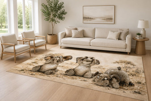 ICE ARMOR Large 6'7" x 9'10" Beige and Brown Happy Elephants Accent Area Rug for Living Room, Soft Low Pile Carpet with Non-Slip Silicone Backing, Decor for Bedroom and Home Office