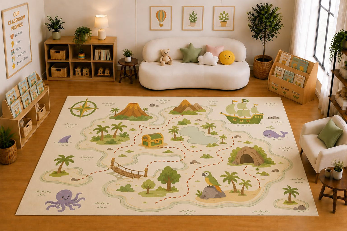 ICE ARMOR Large 6'7" x 9'10" Pirate Treasure Island Adventure Area Rug for for Kids Room, Classroom, Bedroom, Playroom Decor, Soft Low Pile Indoor Rug with Non-Slip Silicone Backing, Beige Green