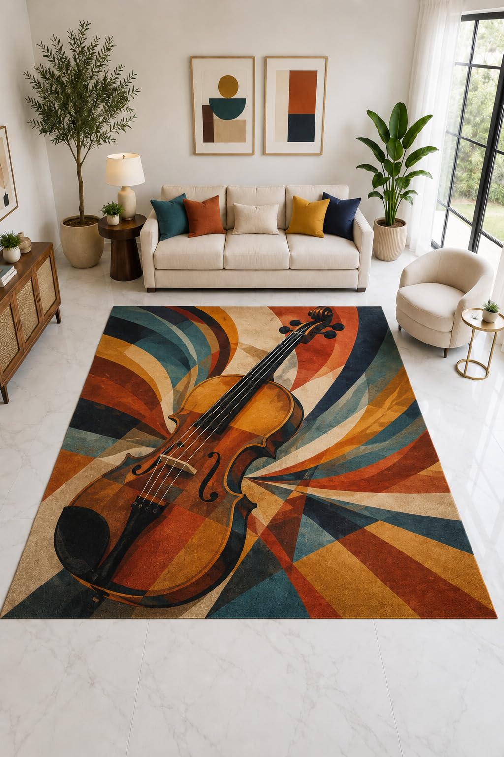 ICE ARMOR "Ultra Light Weight Large 6'7" x 9'10" Violin Sunburst Rug, Soft Low Pile Indoor Rug, Non-Slip Silicone Backing for Living Room Orange