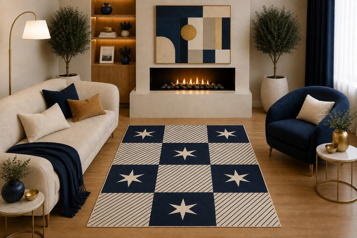 ICE ARMOR "Ultra Light Weight 5' x 7' Modern Star Checkerboard Area Rug Navy Cream Geometric Pattern for Living Room Bedroom Dining Room Office Non-Slip Silicone Backing Low Pile