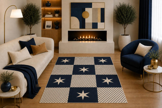 ICE ARMOR "Ultra Light Weight 5' x 7' Modern Star Checkerboard Area Rug Navy Cream Geometric Pattern for Living Room Bedroom Dining Room Office Non-Slip Silicone Backing Low Pile