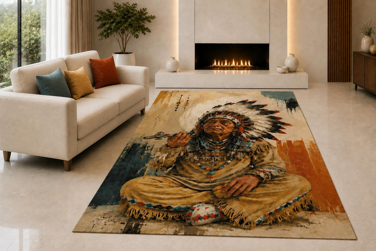 ICE ARMOR "Ultra Light Weight 5' x 7' Seated Tribal Chief Area Rug for Living Room, Bedroom and Home Office, Soft Low Pile Carpet with Non-Slip Silicone Backing, Brown and Beige