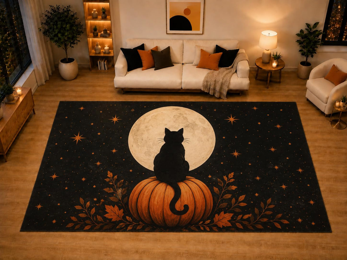ICE ARMOR "Ultra Light Weight Large 6'7" x 9'10" Black Cat Full Moon Pumpkin Area Rug for Living Room Bedroom, Soft Low Pile Non-Slip Backing, Black Orange Halloween Decor