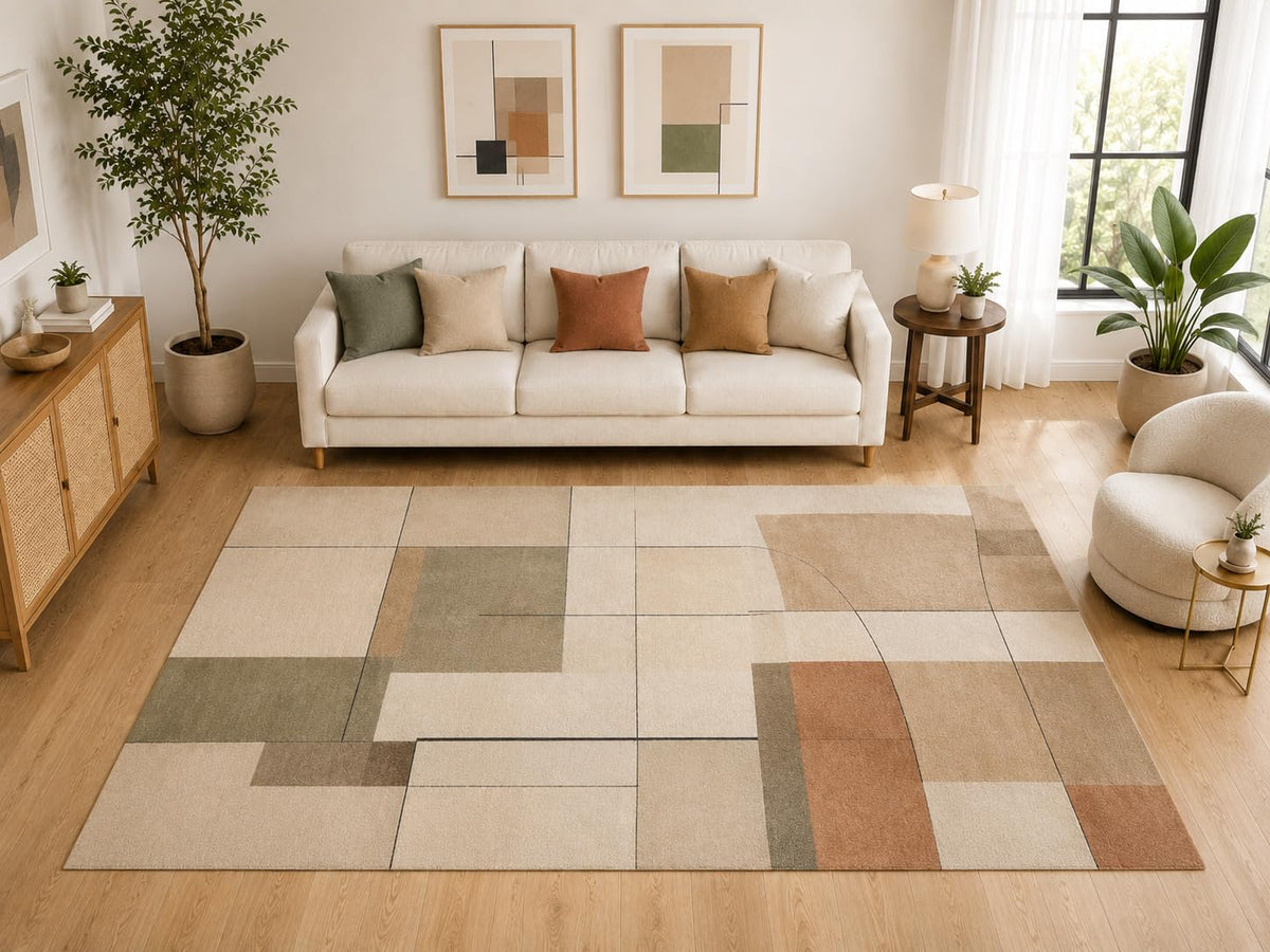 ICE ARMOR "Ultra Light Weight Large 6'7" x 9'10" Geometric Grid Area Rug, Soft Low Pile Indoor Rug and Non-Slip Silicone Backing for Living Room Office, Beige Olive