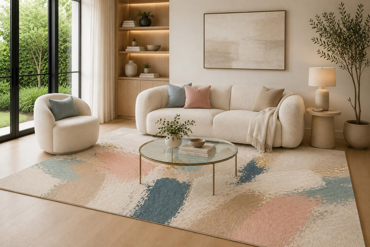 ICE ARMOR 6'7" x 9'10" Blush Pink, Blue and Cream Abstract Brush Area Rug for Living Room, Soft Low Pile Carpet with Non-Slip Backing for Bedroom, Dining Room and Home Office