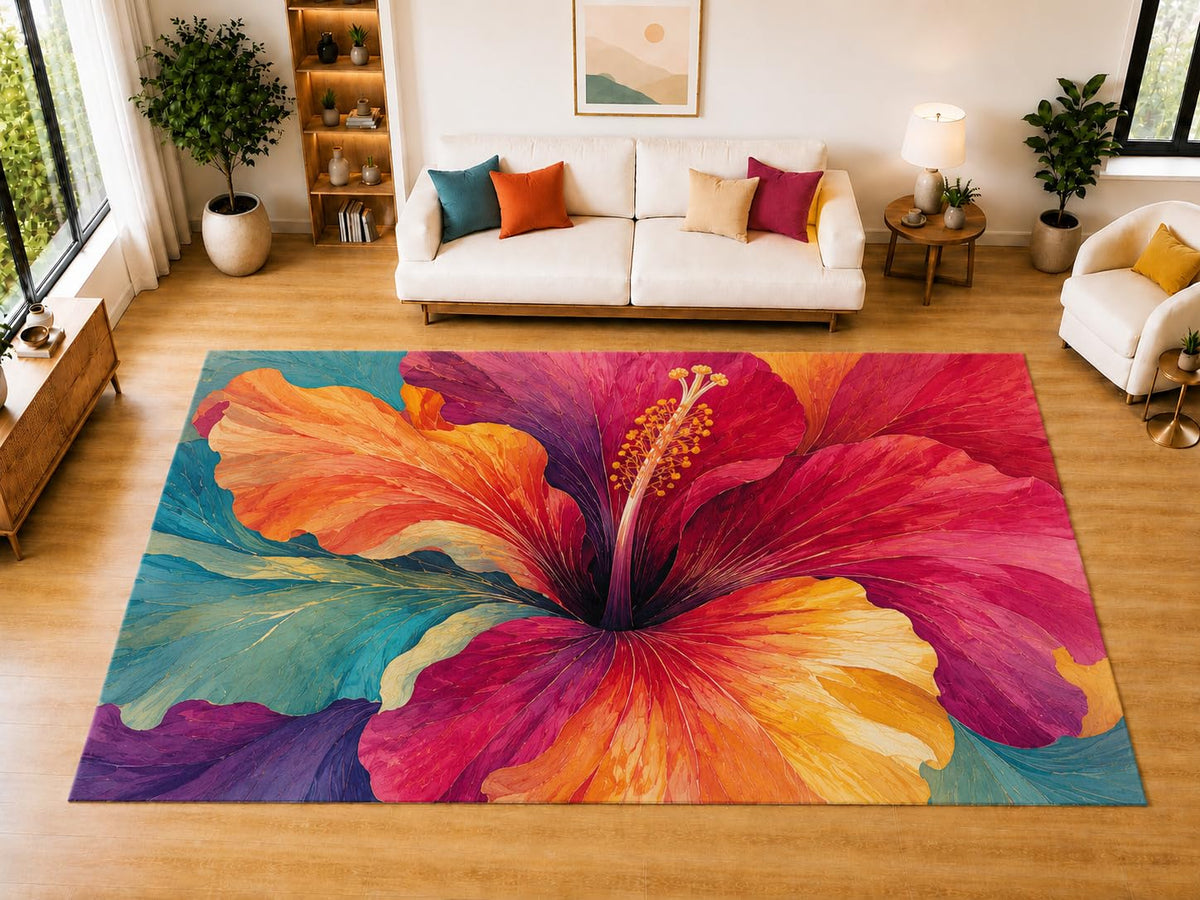 ICE ARMOR "Ultra Light Weight Large 6'7" x 9'10" Hibiscus Flower Area Rug for Living Room Bedroom Dining Room, Soft Low Pile Non-Slip Backing, Pink Orange Teal Purple Tropical Decor