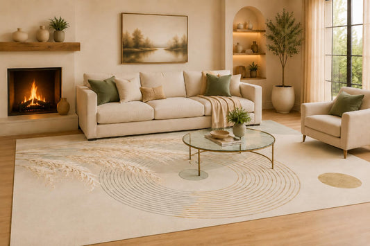 ICE ARMOR Large 6'7" x 9'10" Cream and Golden Color Feather Spiral Area Rug for Living Room, Soft Low Pile Carpet with Non-Slip Silicone Backing, Decor for Bedroom and Home Office