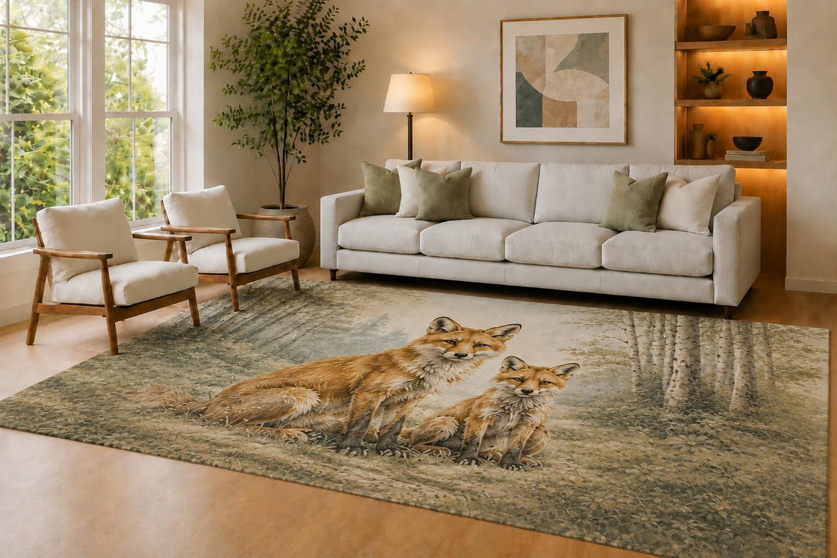 ICE ARMOR Large 6'7" x 9'10" Orange & Beige Fox Family Area Rug for Living Room, Soft Low Pile Carpet with Non-Slip Silicone Backing, Decor for Bedroom & Home Office