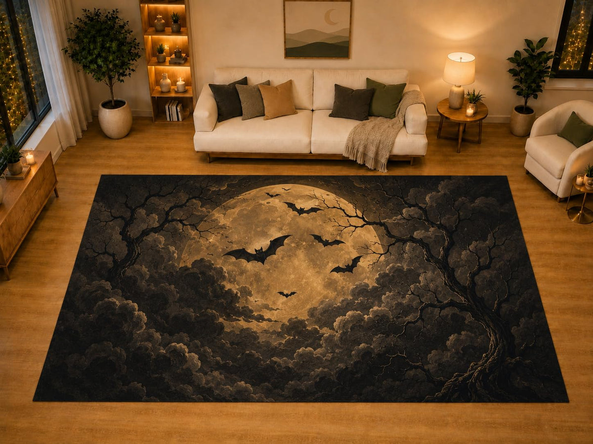 ICE ARMOR "Ultra Light Weight Large 6'7" x 9'10" Bats Full Moon Area Rug for Living Room Bedroom, Soft Low Pile Non-Slip Backing, Black Brown Spooky Forest Halloween Decor
