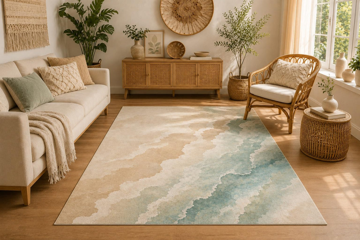 ICE ARMOR 5' x 7' Watercolor Marble Area Rug, Soft Low Pile Indoor Rug with Non-Slip Silicone Backing for Living Room, Bedroom, Dining Room, Office, Blue Beige