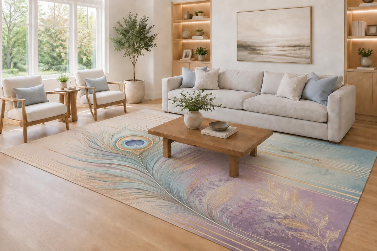 ICE ARMOR Large 6'7" x 9'10" Lavender and Light Blue Peacock Garden Area Rug for Living Room, Soft Low Pile Carpet with Non-Slip Silicone Backing, Decor for Bedroom, Dining Area and Home Office