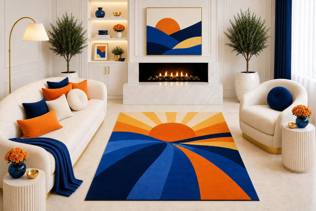 ICE ARMOR "Ultra Light Weight 5' x 7' Navy Blue Orange Sunset Area Rug, Mid Century Modern Sunburst Landscape for Living Room Bedroom, Non-Slip Silicone Backing Low Pile