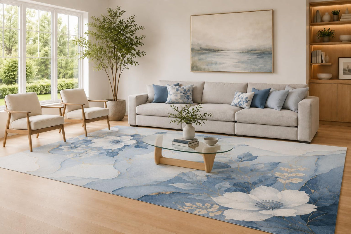 ICE ARMOR Large 6'7" x 9'10" Navy Blue and White Floral Garden Area Rug for Living Room, Soft Low Pile Carpet with Non-Slip Silicone Backing, Decor for Bedroom and Home Office