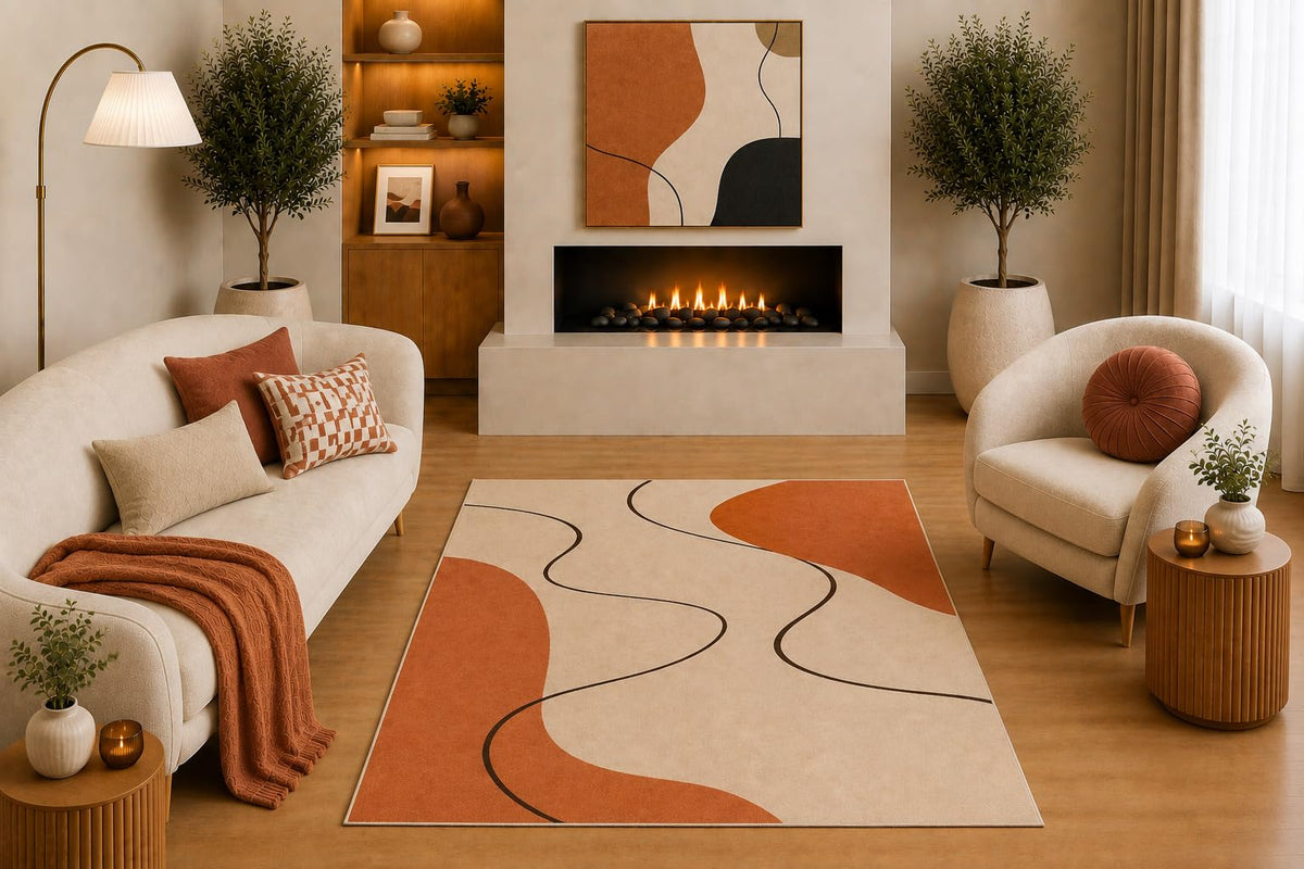 ICE ARMOR "Ultra Light Weight 5' x 7' Minimalist Abstract Area Rug Terracotta Beige Brown Curved Line Organic Design for Living Room Bedroom Dining Room Office Non-Slip Silicone Backing Low Pile