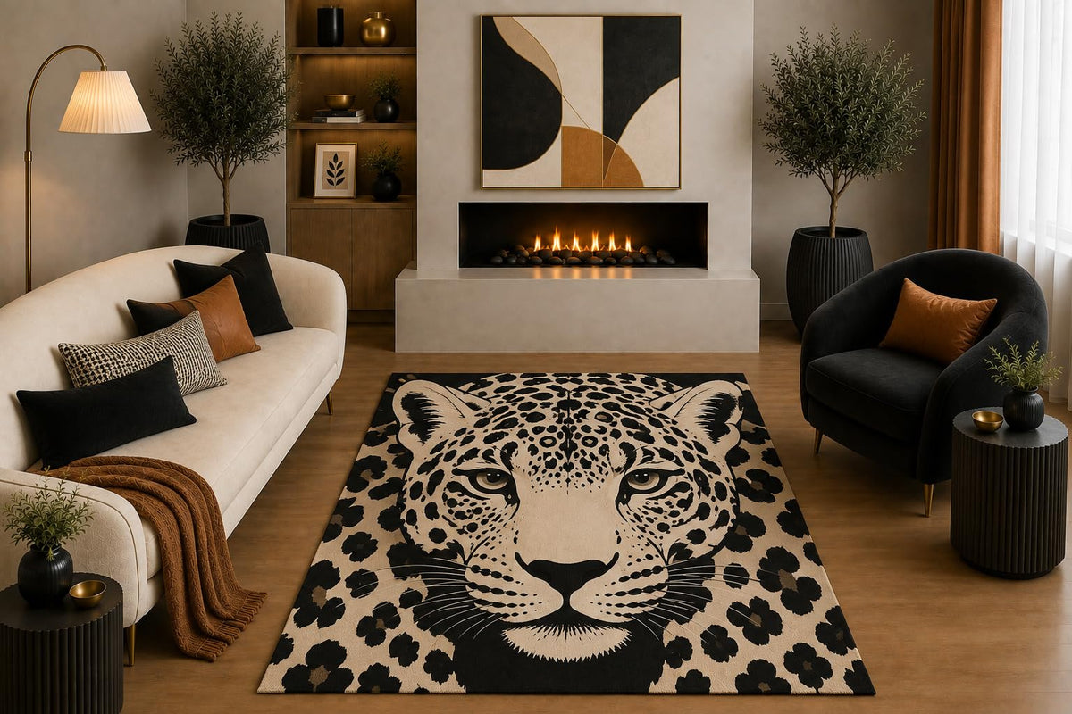 ICE ARMOR "Ultra Light Weight 5' x 7' Black Cream Leopard Area Rug Modern Wildlife Big Cat Portrait for Living Room Bedroom Office Non-Slip Silicone Backing Low Pile