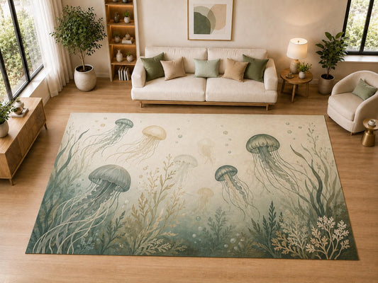 ICE ARMOR "Ultra Light Weight Large 6'7" x 9'10" Jellyfish, Living Room, Bedroom, Dining Room, Office, Family Room, Soft Low Pile Indoor Rug, Non-Slip Silicone Backing, Green