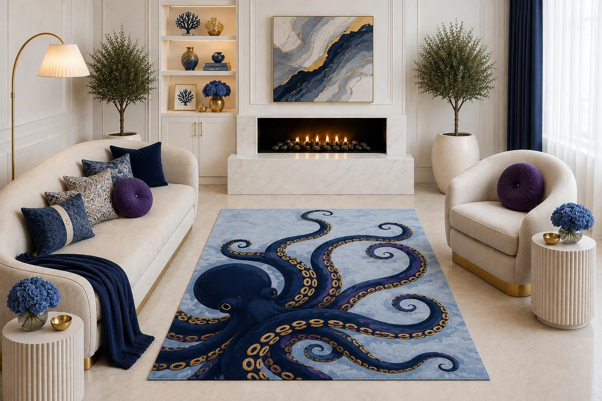 ICE ARMOR "Ultra Light Weight 5' x 7' Navy Blue Octopus Area Rug, Whimsical Coastal Ocean Sea Life Art for Living Room Bedroom Beach House Decor, Non-Slip Silicone Backing Low Pile