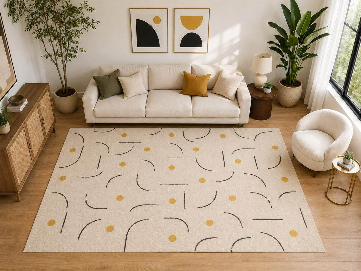 ICE ARMOR Large 6'7" x 9'10" Minimal Arc and Dot Area Rug for for Bedroom, Living Room, Soft Low Pile Indoor Rug with Non-Slip Silicone Backing, Ivory Mustard Charcoal