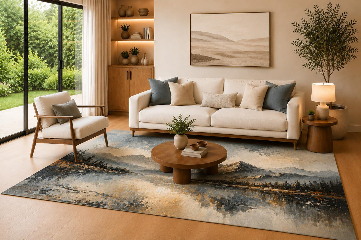 ICE Armor 6'7" x 9'10" Mountain Reflection Area Rug for Living Room, Soft Low Pile Indoor Carpet with Non-Slip Silicone Backing, Large Floor Accent for Bedroom, Dining Area and Home Office, Blue Gray