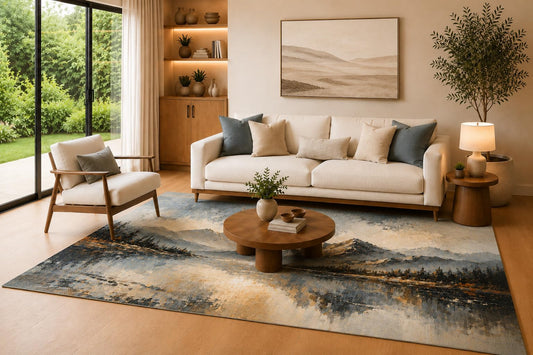 ICE Armor 6'7" x 9'10" Mountain Reflection Area Rug for Living Room, Soft Low Pile Indoor Carpet with Non-Slip Silicone Backing, Large Floor Accent for Bedroom, Dining Area and Home Office, Blue Gray