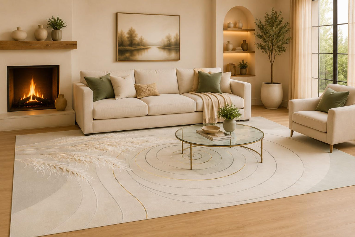 ICE ARMOR Large 6'7" x 9'10" Cream and Sage Green Botanical Spiral Area Rug for Living Room, Soft Low Pile Carpet with Non-Slip Silicone Backing, Decor for Bedroom and Home Office