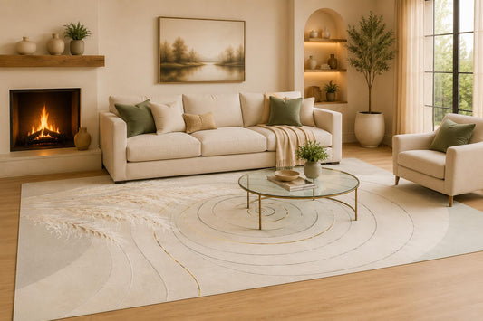 ICE ARMOR Large 6'7" x 9'10" Cream and Sage Green Botanical Spiral Area Rug for Living Room, Soft Low Pile Carpet with Non-Slip Silicone Backing, Decor for Bedroom and Home Office