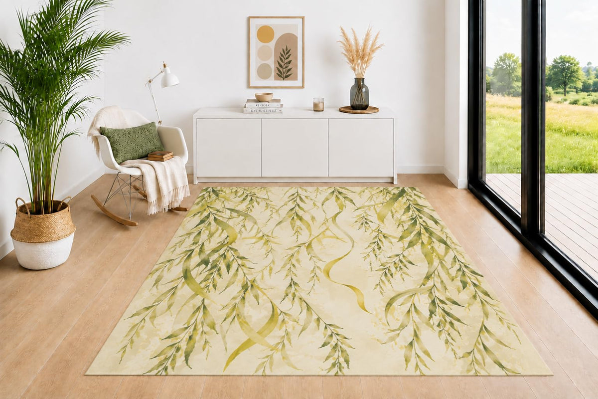 ICE ARMOR 5' x 7' Hanging Willow Leaf Area Rug for Living Room, Soft Low Pile Indoor Rug with Non-Slip Backing, Botanical Carpet for Bedroom, Dining Room, Office, Sage Green