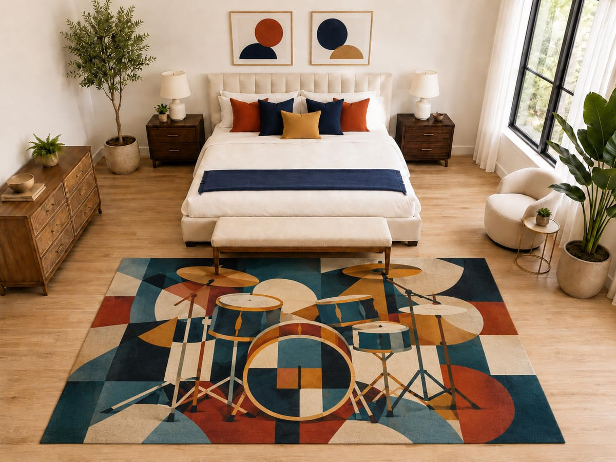 ICE ARMOR "Ultra Light Weight Large 6'7" x 9'10" Abstract Drum Set Rug, Soft Low Pile Indoor Rug, Non-Slip Silicone Backing for Bedroom Teal Orange