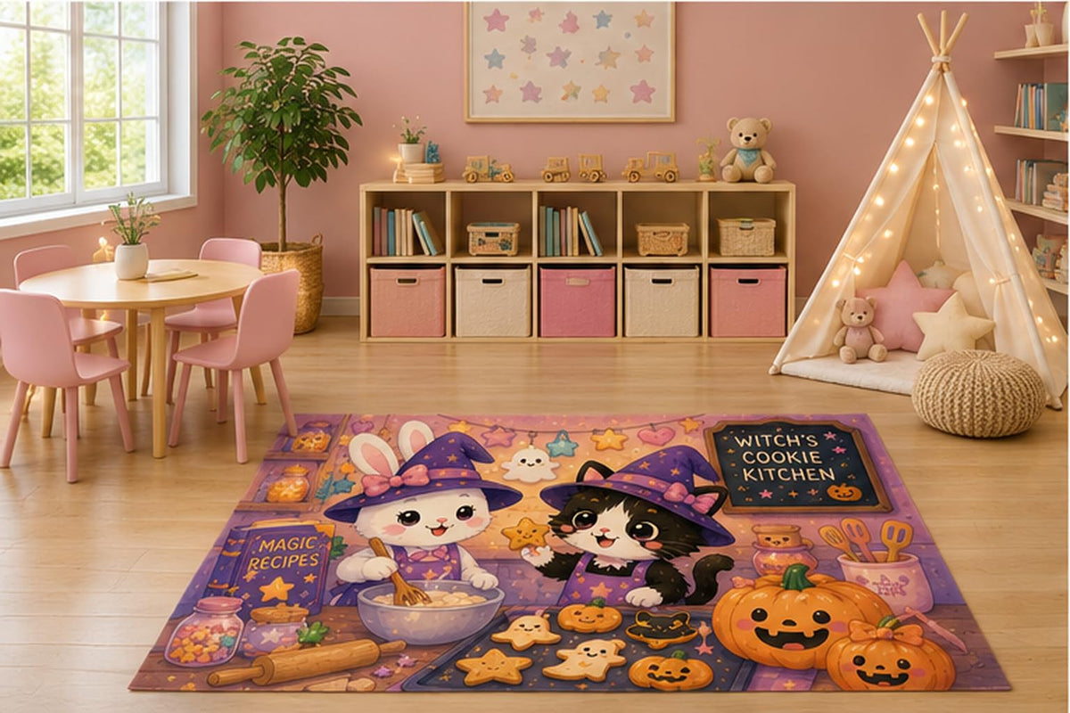 ICE ARMOR 5' x 7' Witch Cookie Kitchen Kids Area Rug, Cute Bunny Cat Pumpkin Baking Halloween Cartoon Playroom Nursery Bedroom Decor, Non-Slip Silicone Backing Low Pile