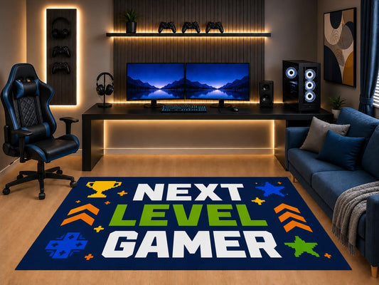 ICE ARMOR "Ultra Light Weight 5' x 7' Gamer Area Rug Next Level Gaming Typography Pixel Art for Boys Bedroom Game Room Non-Slip Silicone Backing Low Pile