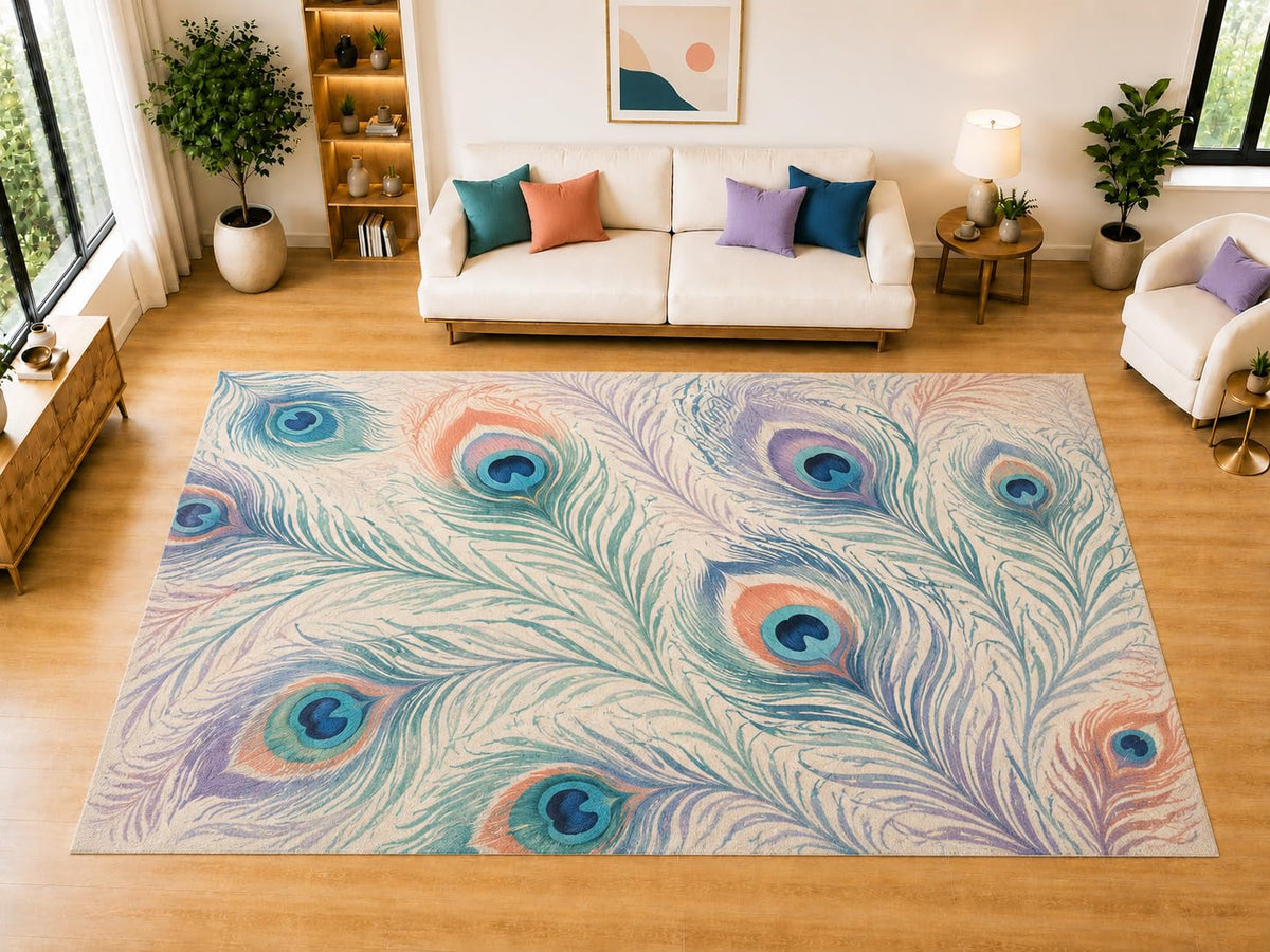 ICE ARMOR "Ultra Light Weight Large 6'7 x 9'10 Peacock Feather Pattern Area Rug for Living Room, Dining Room, and Bedroom, Soft Low Pile Indoor Rug, Decorative Floor Accent